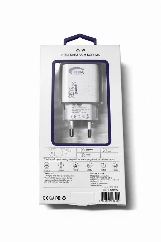 Elba ELB42 Beyaz 25W Şarj Kafa+ İphone Kablo USB-C PD3.0/QC4.0(Akım Koruma/Hızlı Şarj/)