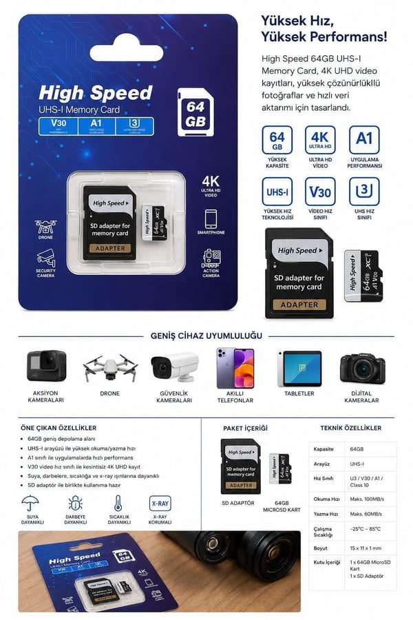 ELBA High Speed 64GB A1 V30 U3 Micro Hafıza Kartı 