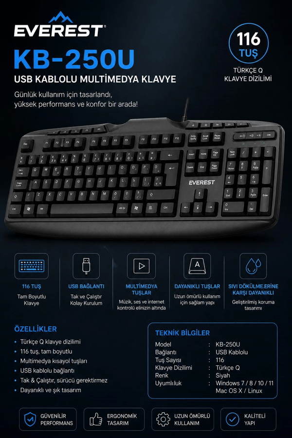 Everest KB-250U Siyah Q Usb Kablolu Multimedya 116 Tuşlu Klavye