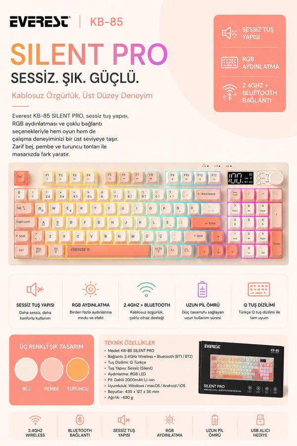 Everest KB-85 SILENT PRO Kablosuz Bej/Pembe/Turuncu SESSİZ RGB Wireless 2.4Ghz + Bluetooth Q Oyuncu Klavyesi