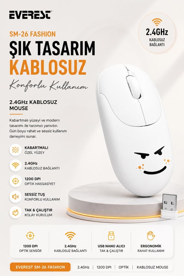 Everest SM-26 FASHION 2.4Ghz Beyaz Kabartmalı Kablosuz Mouse