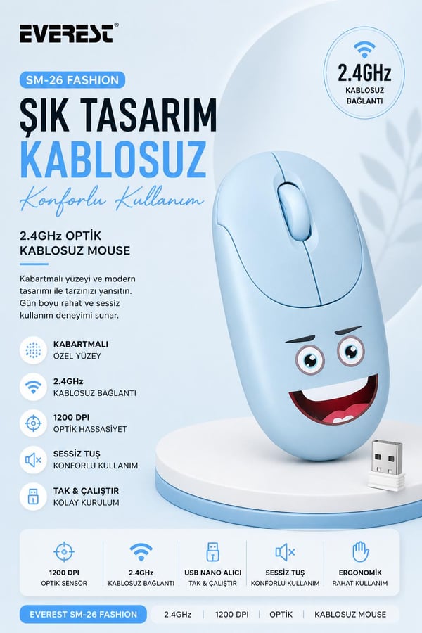 Everest SM-26 FASHION 2.4Ghz Mavi Kabartmalı Kablosuz Mouse