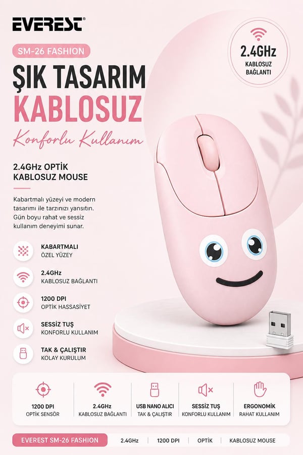 Everest SM-26 FASHION 2.4Ghz Pembe Kabartmalı Kablosuz Mouse