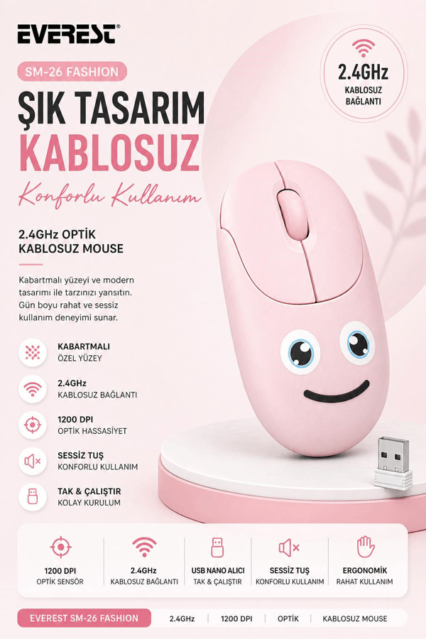 Everest SM-26 FASHION 2.4Ghz Pembe Kabartmalı Kablosuz Mouse