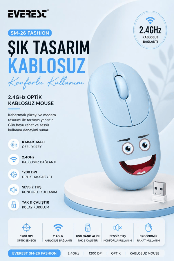 Everest SM-26 FASHION 2.4Ghz Mavi Kabartmalı Kablosuz Mouse
