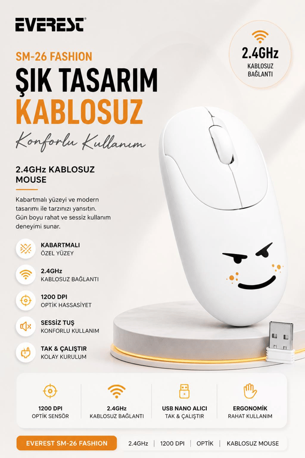 Everest SM-26 FASHION 2.4Ghz Beyaz Kabartmalı Kablosuz Mouse