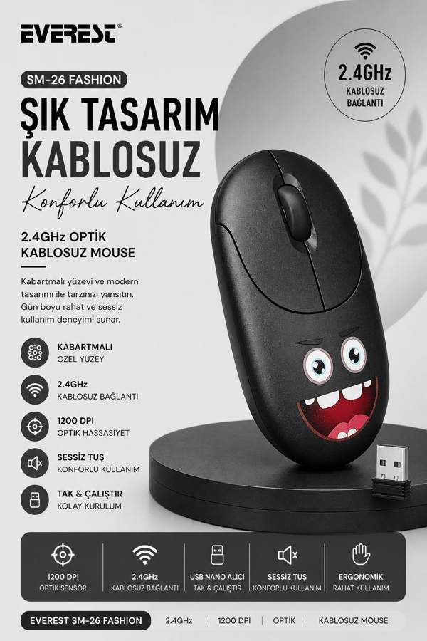 Everest SM-26 FASHION 2.4Ghz Siyah Kabartmalı Kablosuz Mouse
