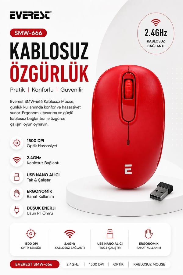 Everest SMW-666 Kırmızı USB 2.4 GHZ Optik Kablosuz Mouse 1500Dpı