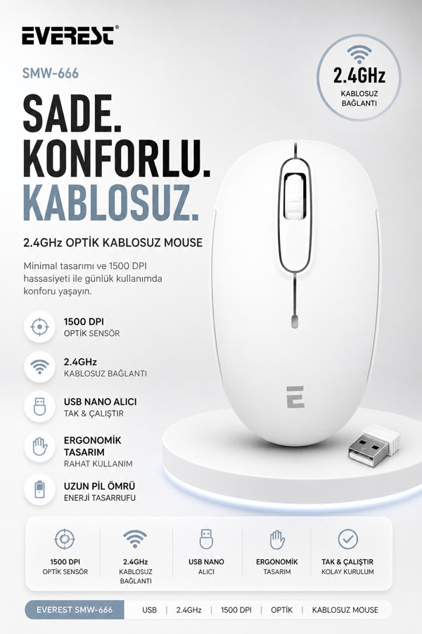 Everest SMW-666 Usb Beyaz 2.4Ghz Optik Wireless Mouse 1500Dpı
