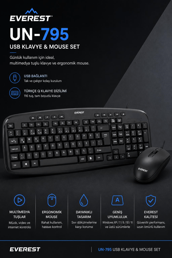 Everest UN-795 Siyah Usb Q Multimedia Klavye + Mouse Set