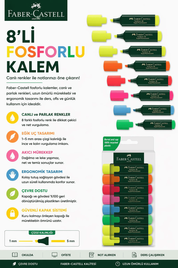 Faber Castell 8'li Fosforlu Kalem 2024 -2025 Sezonu