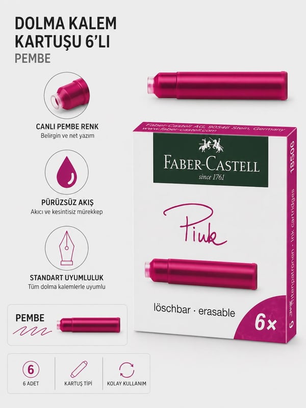 Faber Castell Dolma Kalem Kartuşu Pembe 6’lı – Canlı ve Akıcı Yazım Deneyimi
