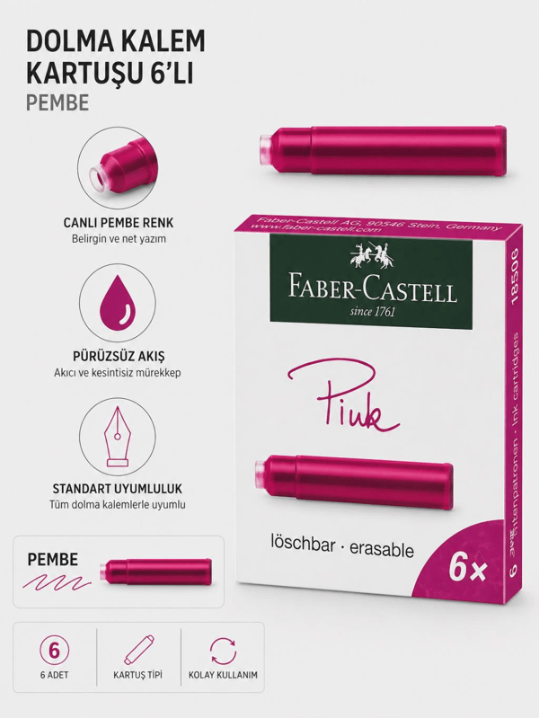 Faber Castell Dolma Kalem Kartuşu Pembe 6’lı – Canlı ve Akıcı Yazım Deneyimi