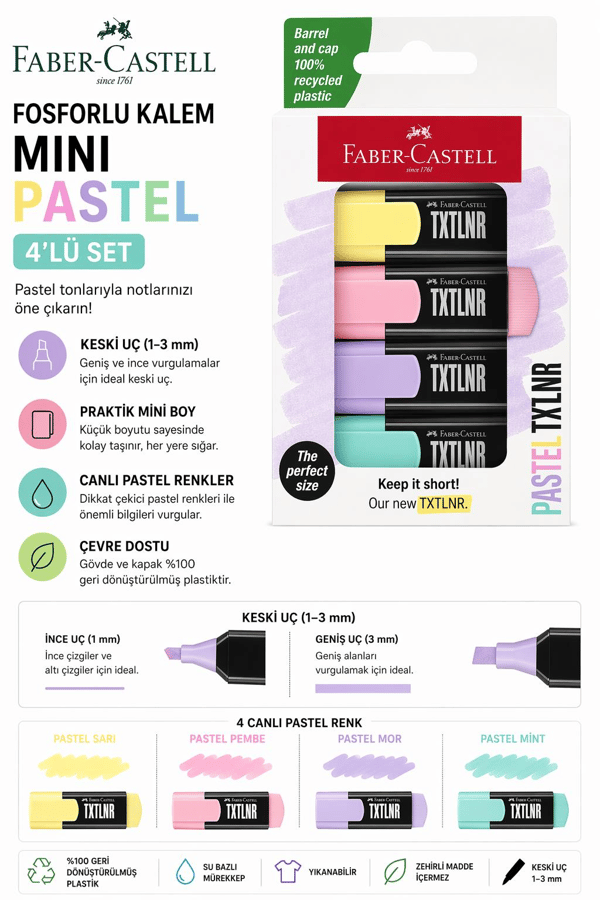 Faber Castell Fosforlu Kalem Mini Pastel 4'lü Set - 154214