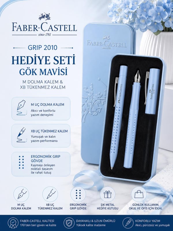 Faber Castell Grip 2011 Dolma Kalem-Tükenmez Kalem Matal Kutu Hediye Seti Gök Mavi