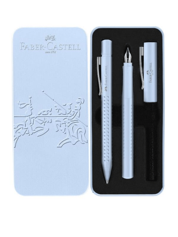 Faber Castell Grip 2011 Dolma Kalem-Tükenmez Kalem Matal Kutu Hediye Seti Gök Mavi