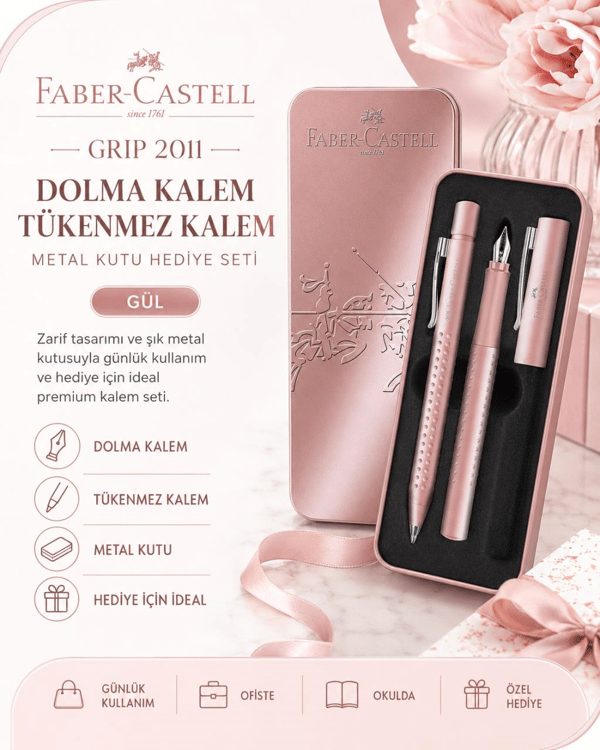 Faber Castell Grip 2011 Dolma Kalem-Tükenmez Kalem Metal Kutu Hediye Seti Gül
