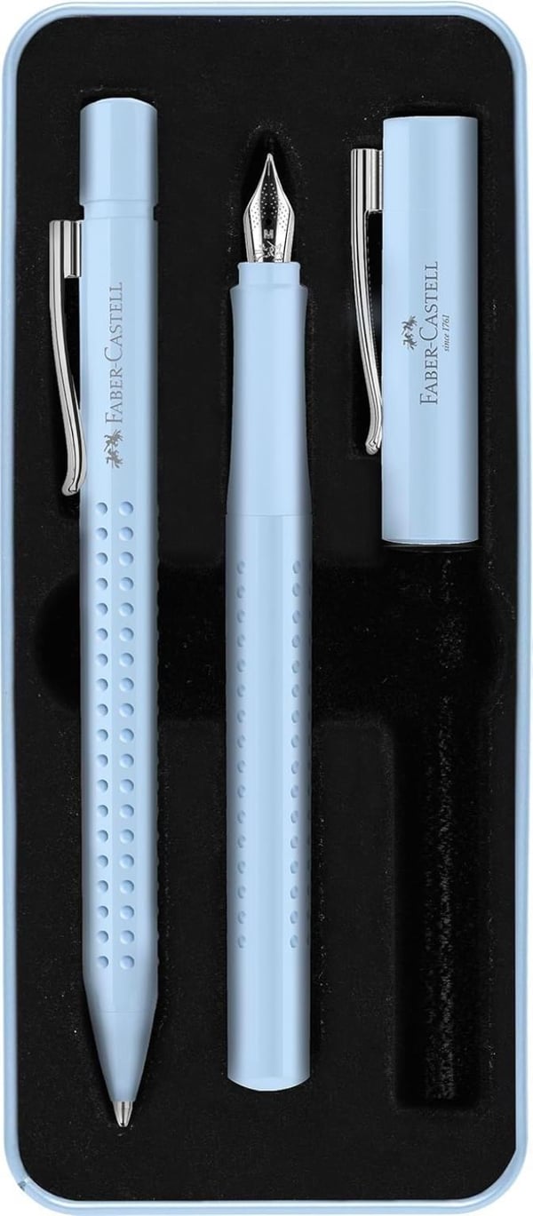 Faber Castell Grip 2011 Dolma Kalem-Tükenmez Kalem Matal Kutu Hediye Seti Gök Mavi