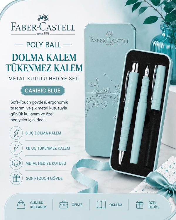 Faber Castell Poly Ball Caribic Blue Dolma Kalem ve Tükenmez Kalem Hediye Seti