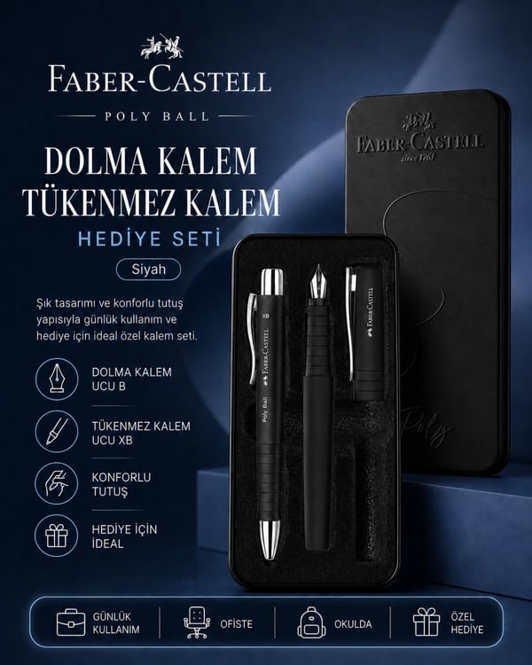 Faber-Castell Poly Ball Dolma Kalem ve Tükenmez Kalem Metal Kutulu Hediye Seti – Siyah