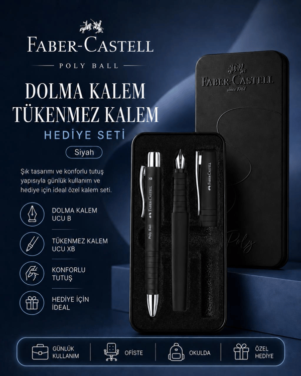 Faber-Castell Poly Ball Dolma Kalem ve Tükenmez Kalem Metal Kutulu Hediye Seti – Siyah