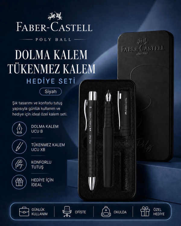 Faber-Castell Poly Ball Dolma Kalem ve Tükenmez Kalem Metal Kutulu Hediye Seti – Siyah