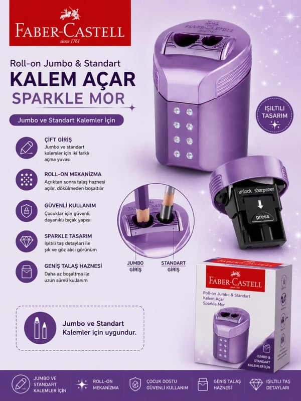 Faber Castell Roll-On Jumbo ve Standart Kalem Açar Kalemtıraş Sparkle Mor