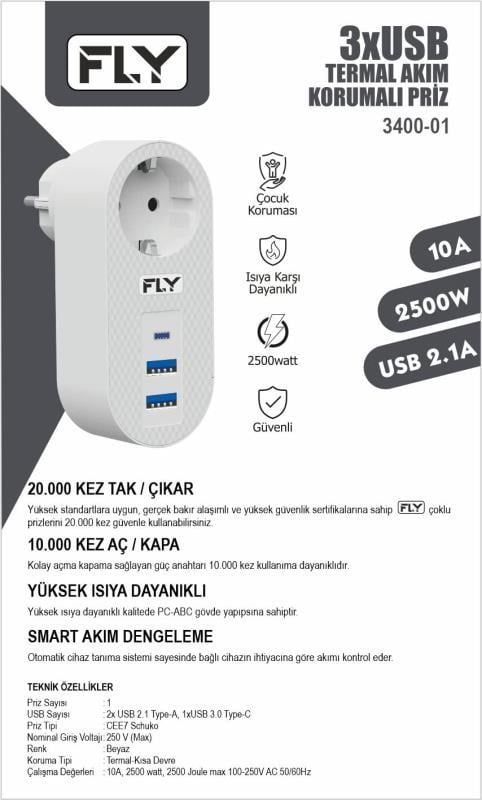 FLY-3400-01 Akım Korumalı Tekli Priz (1 Priz + 3 USB Çıkışı + C Tipi Soket)