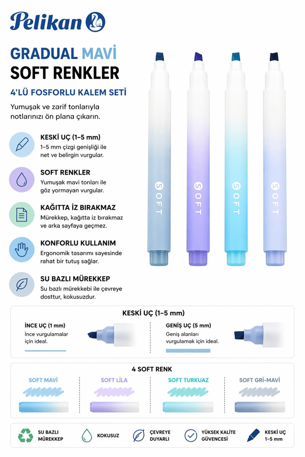 Gradual Mavi Soft Renkler 4lü Fosforlu Kalem Seti