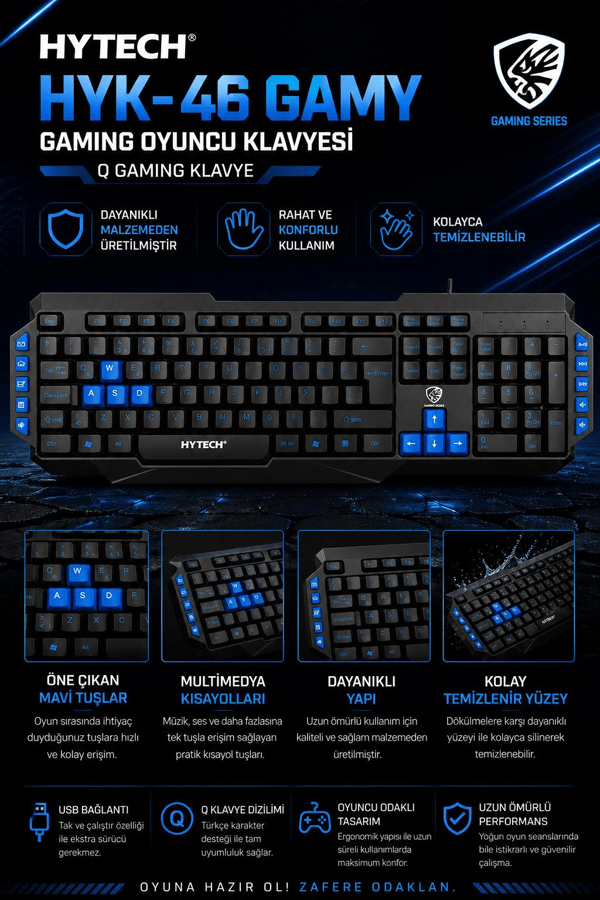 Hytech HYK-46 GAMY Siyah USB Mavi Tuşlu Q Gaming Oyuncu Klavyesi