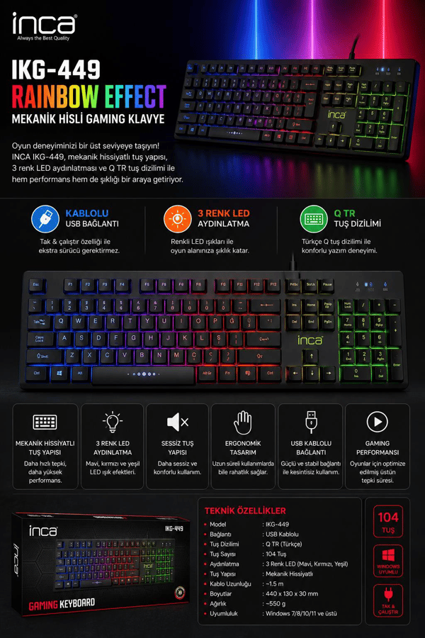 INCA IKG-449 Rainbow Effect Mekanik Hisli Gaming Klavyesi