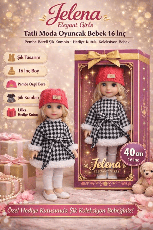 Jelena Elegant Girls Tatlı Moda Oyuncak Bebek 16 İnç – Pembe Bereli Şık Kombin, Hediye Kutulu Koleksiyon Bebek