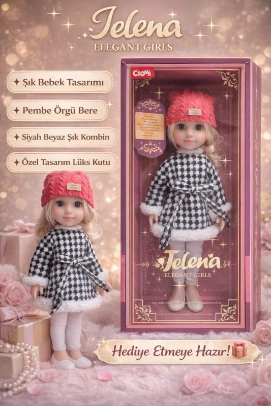 Jelena Elegant Girls Tatlı Moda Oyuncak Bebek 16 İnç – Pembe Bereli Şık Kombin, Hediye Kutulu Koleksiyon Bebek