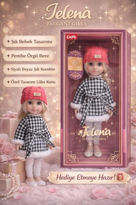 Jelena Elegant Girls Tatlı Moda Oyuncak Bebek 16 İnç – Pembe Bereli Şık Kombin, Hediye Kutulu Koleksiyon Bebek
