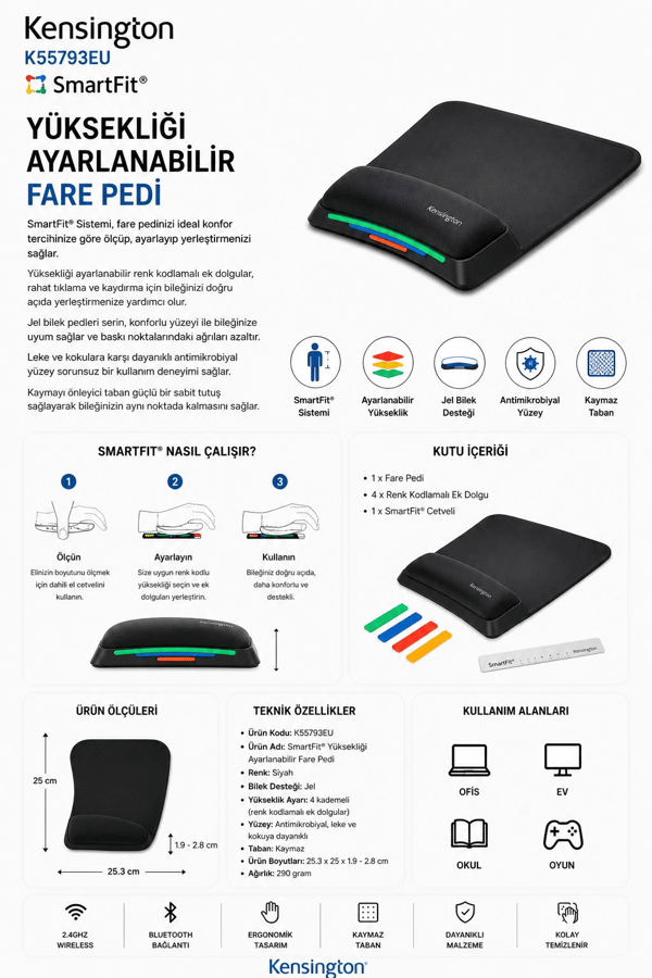 Kensington K55793EU SmartFit Yüksekliği Ayarlanabilir Fare Pedi
