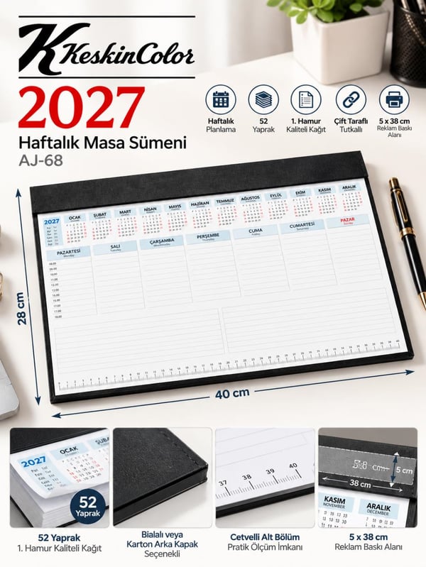 Keskin Color 2027 AJ-68 Haftalık Masa Sümeni – 28 × 40 cm