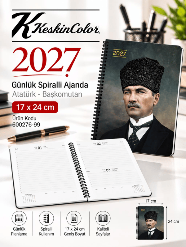 Keskin Color 2027 Yılı ATATÜRK Günlük Spiralli Ajanda 17x24 cm BAŞKOMUTAN
