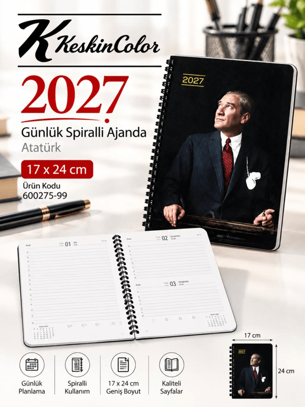 Keskin Color 2027 Yılı ATATÜRK Günlük Spiralli Ajanda 17x24 cm CUMHURBAŞKANI