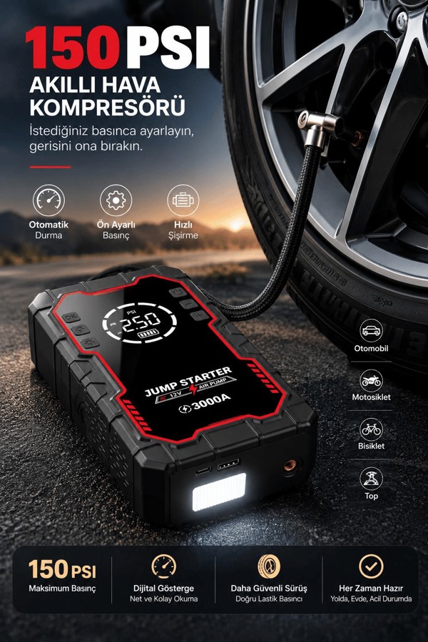 L088 3000A Akü Takviye Cihazı & 150 PSI Hava Kompresörü – 20.000 mAh 5'i 1 Arada Yol Yardım Seti