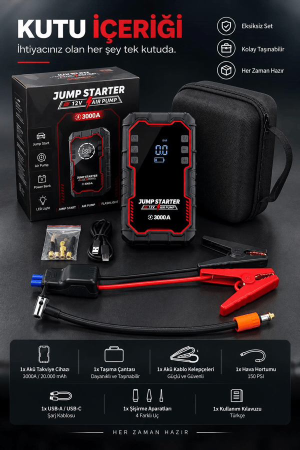 L088 3000A Akü Takviye Cihazı & 150 PSI Hava Kompresörü – 20.000 mAh 5'i 1 Arada Yol Yardım Seti