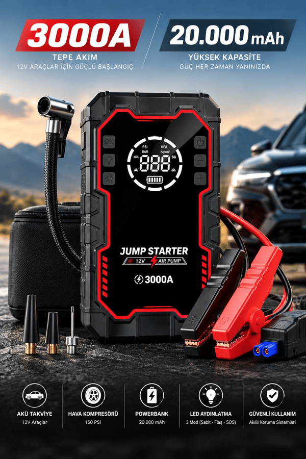 L088 3000A Akü Takviye Cihazı & 150 PSI Hava Kompresörü – 20.000 mAh 5'i 1 Arada Yol Yardım Seti