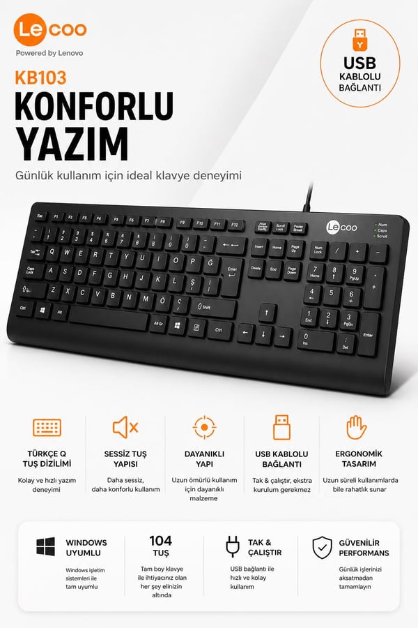 Lecoo KB103 USB Kablolu Türkçe Q Klavye Siyah