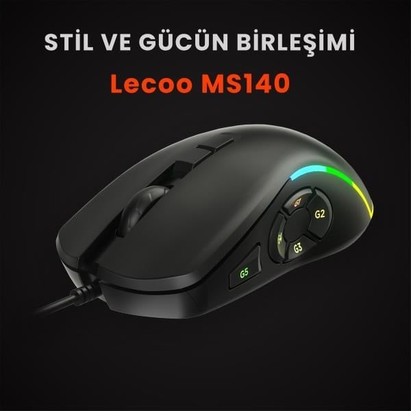 Lecoo MS140 Kablolu 6400DPI 10 Makro Tuşlu RGB LED Aydınlatmalı Gaming Optik Mouse Siyah
