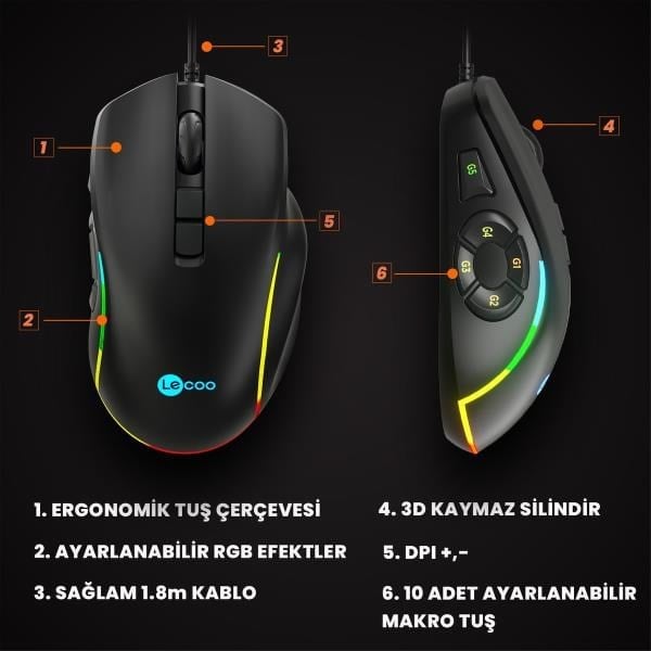 Lecoo MS140 Kablolu 6400DPI 10 Makro Tuşlu RGB LED Aydınlatmalı Gaming Optik Mouse Siyah