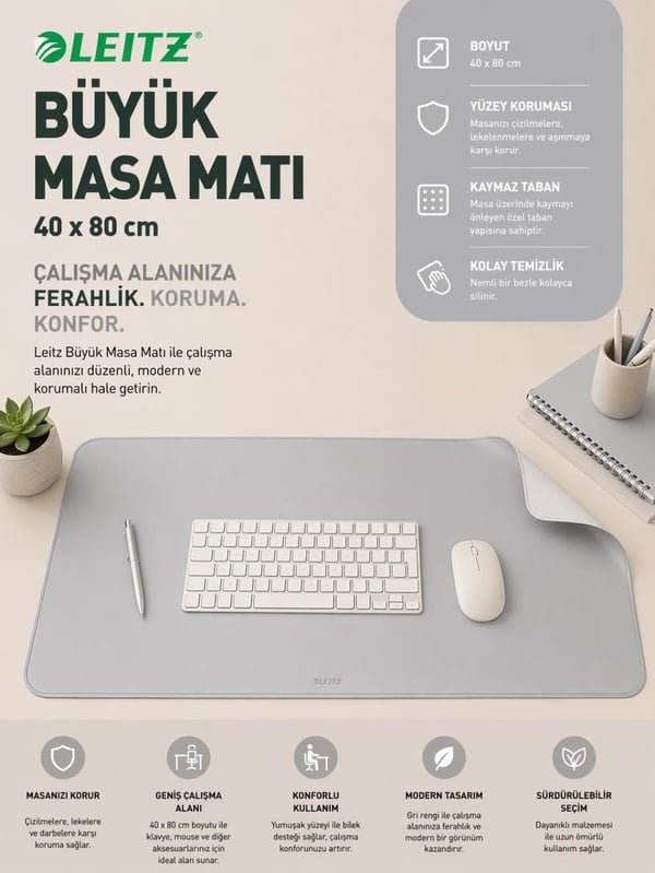 Leitz Büyük Masa Matı 40x80 cm Gri Kod: 53820085