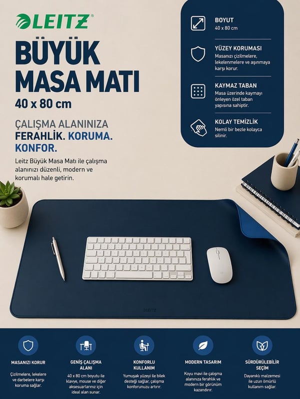 Leitz Büyük Masa Matı 40x80 cm Koyu Mavi Kod: 53820068