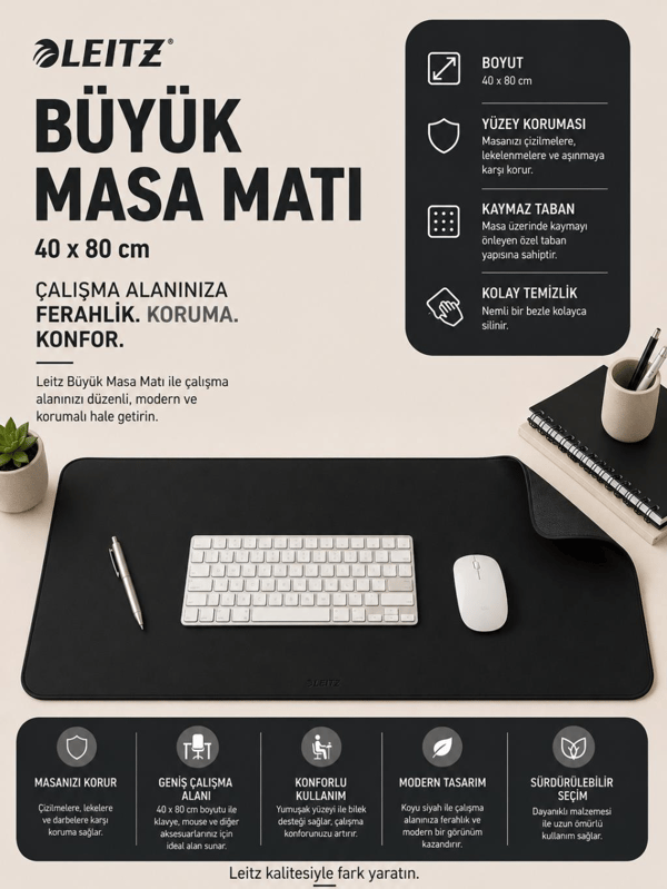 Leitz Büyük Masa Matı 40x80 cm Siyah Renk (Kod: 53820095)