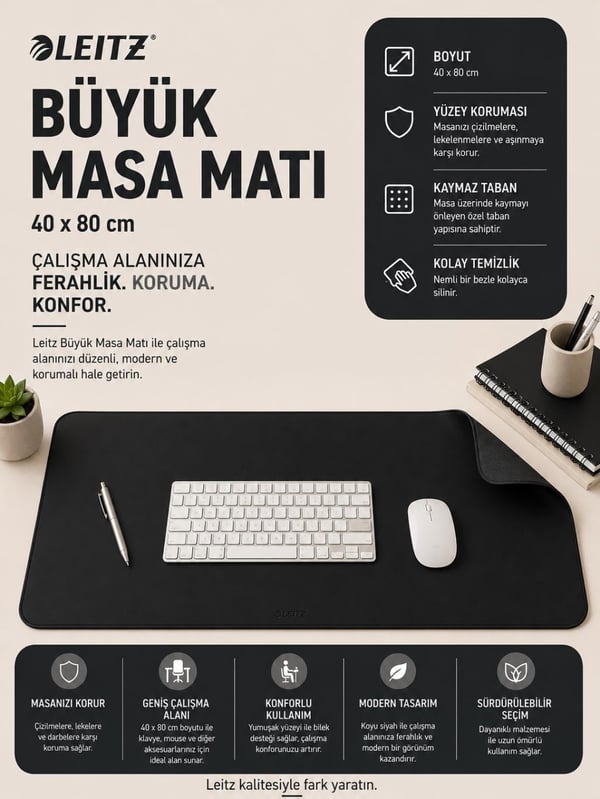 Leitz Büyük Masa Matı 40x80 cm Siyah Renk (Kod: 53820095)