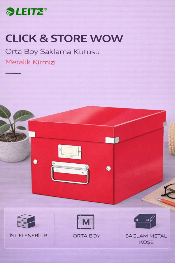 Leitz Click & Store WOW Orta Boy Saklama Kutusu Metalik Kırmızı - KOD:60440026
