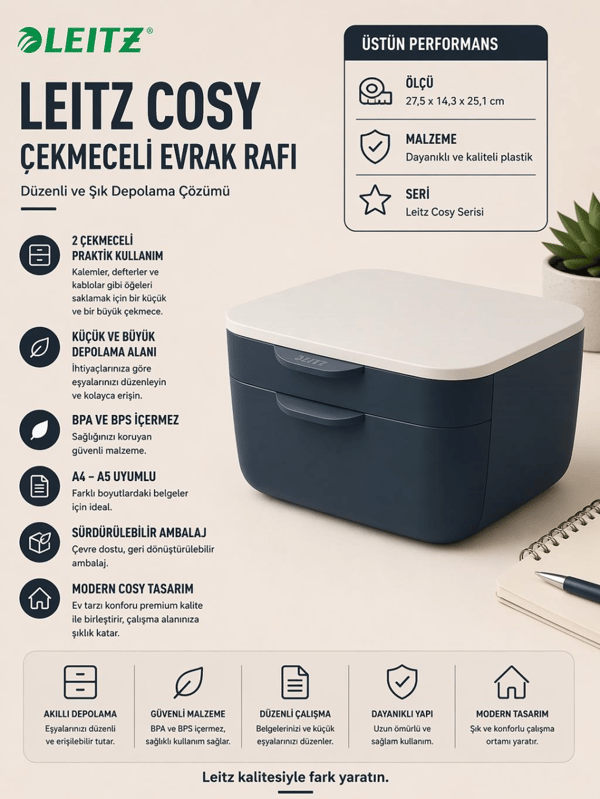 Leitz Cosy Çekmeceli Evrak Rafı - Kadife Gri - KOD:53570089